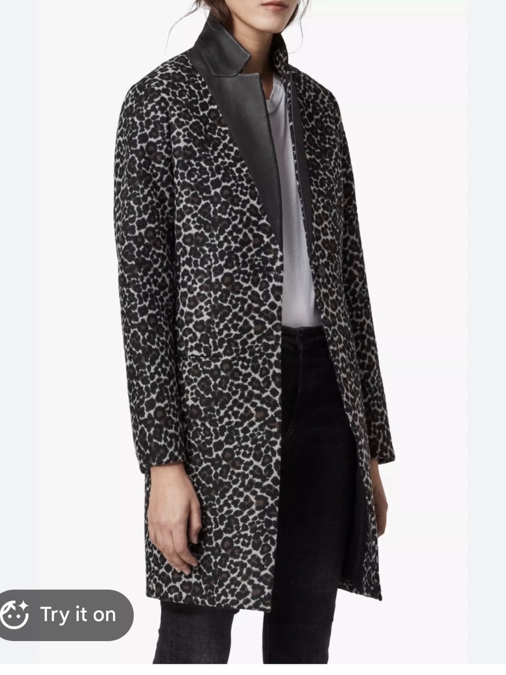 AllSaints Black & Gray Leopard-Print Trench Coat with Leather Collar